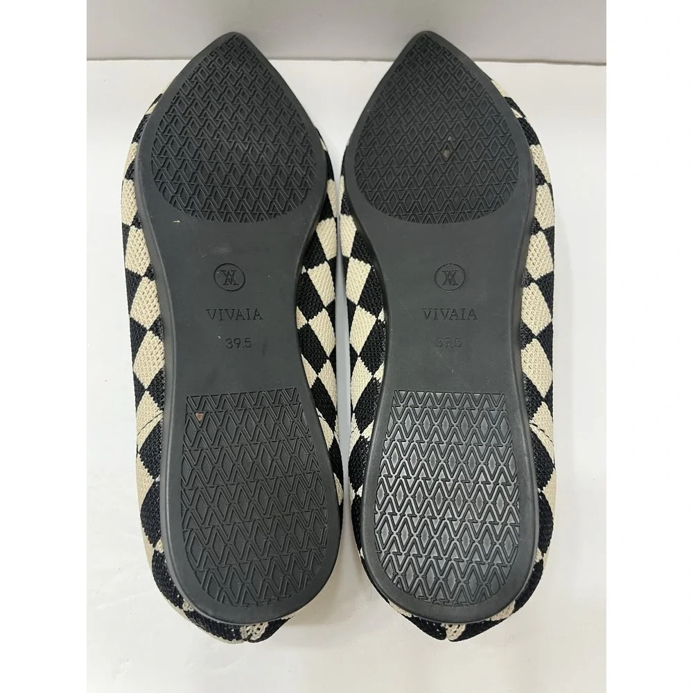 Vavaia Aria 5 Ballet Flats Pointed-Toe Black Cream Checkered Women's 39.5 Knit